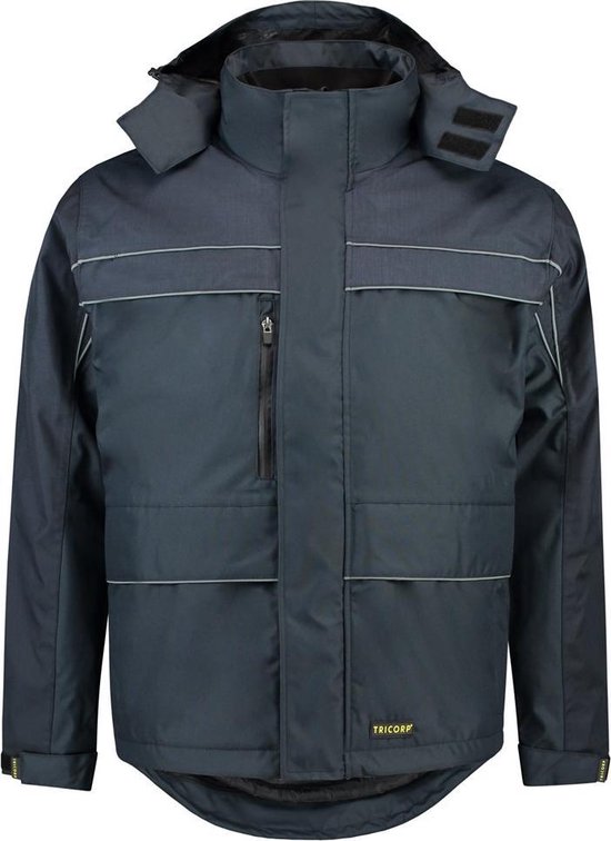 Donkerblauwe Tricorp parka met capuchon, reflecterende horizontale strepen op borsthoogte en taillehoogte.