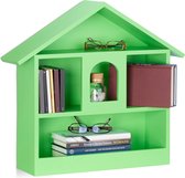 relaxdays wandplank huisvorm - wandboard - MDF - 3 vakken - verzamelkast - vitrine - hout groen