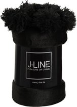 J-Line Plaid Pompom - fleece deken - polyester - zwart - 170 x 130 cm - woonaccessoires