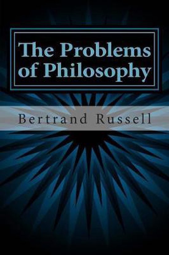 Boek "The Problems of Philosophy" van Bertrand Russell met een abstracte blauwe achtergrond.