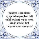 Tegeltje met Spreuk (Tegeltjeswijsheid): Wanneer je een olifant bij zijn achterpoot beet hebt en hij probeert weg te lopen, kun je hem het best z'n gang maar laten gaan! + Kado ver