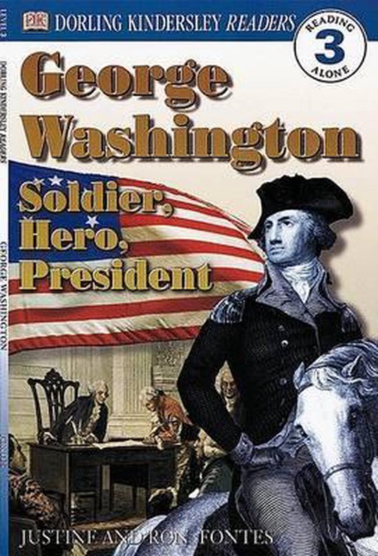 Boekomslag: George Washington, Soldaat, Held, President. Met George Washington te paard en de Amerikaanse vlag.