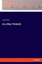 Boek: As a Man Thinketh van James Allen. Donkerblauwe kaft met zeilboten op de achtergrond.
