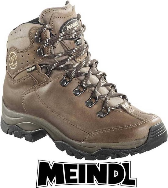 Bruine leren mid-hoge wandelschoen met veter sluiting, beige tong en GORE-TEX logo.