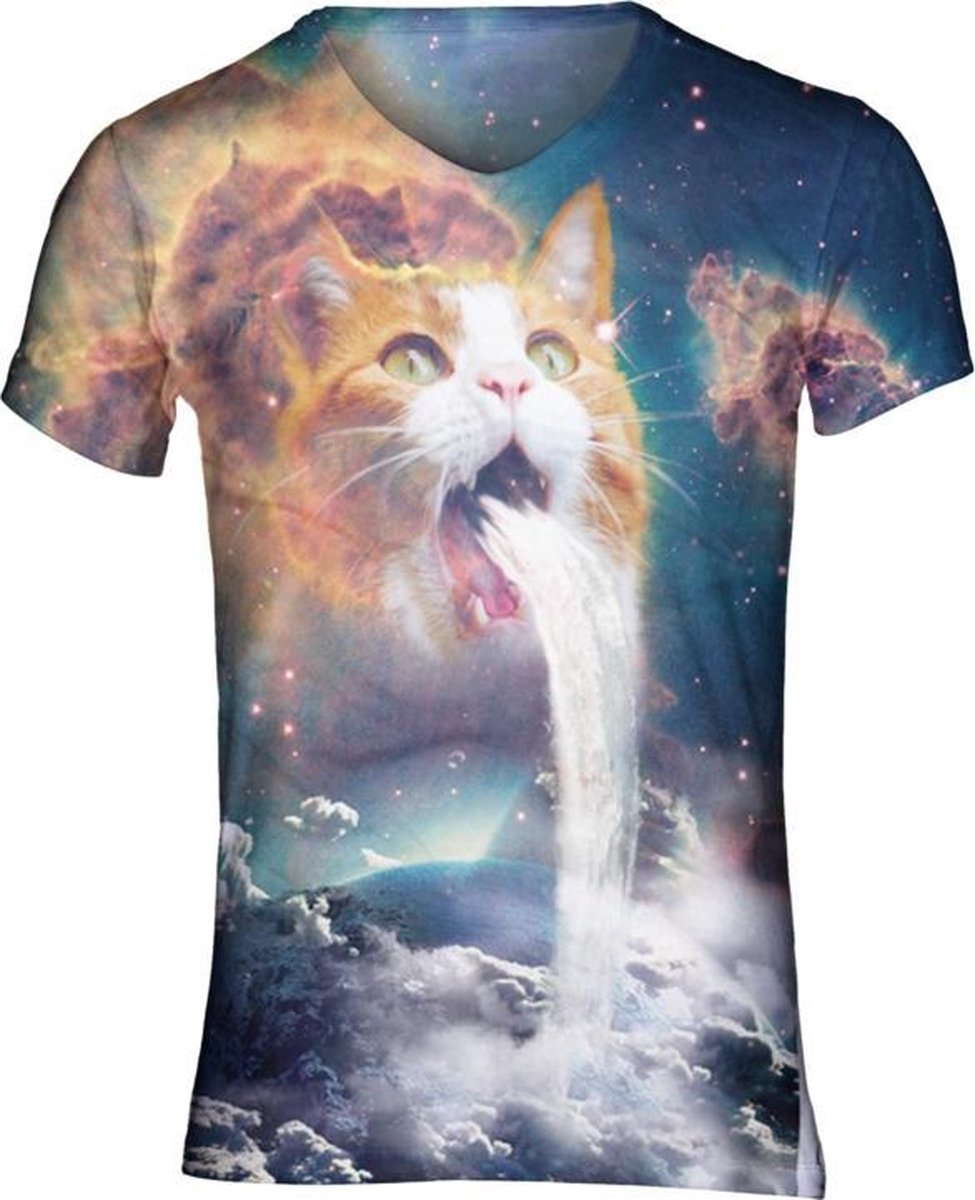 Waterval kat Festival shirt - Maat: L - V-hals - Feestkleding - Festival Outfit - Fout Feest - T-shirt voor festivals - Rave party kleding - Rave outfit - Kattenshirt - Nineties