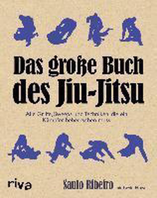 Boekomslag met blauwe silhouetten van Jiu-Jitsu houdingen en de tekst 'Das große Buch des Jiu-Jitsu'.