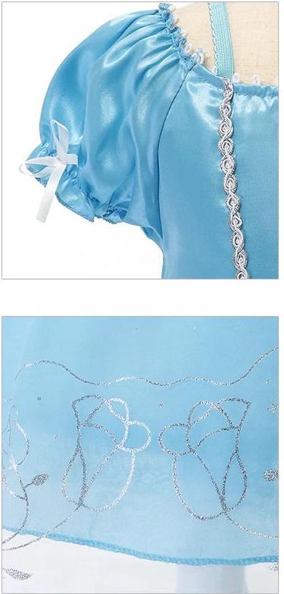 Assepoester jurk Prinsessen jurk verkleedjurk (140) blauw met broche kinderen + blauwe kroon — afbeelding 5