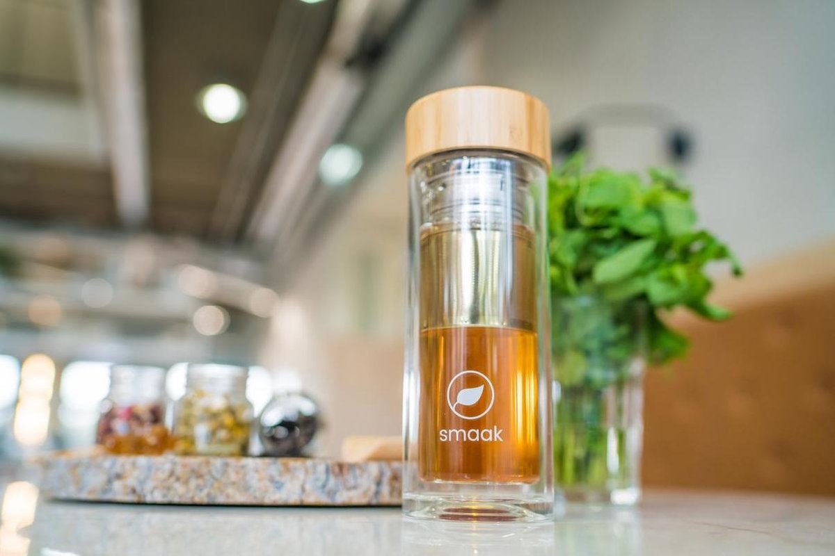 Pauzema 600 ml dubbelwandige glazen theefles met 2 in 1 roestvrijstalen zeef om mee te nemen, 100% dicht