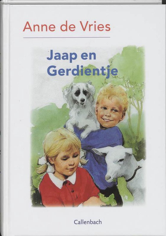 Boek kaft met illustratie van een jongen met blonde krullen, een meisje met blonde staarten, een witte hond en een geitje in een groene omgeving. Titel: Jaap en Gerdientje.