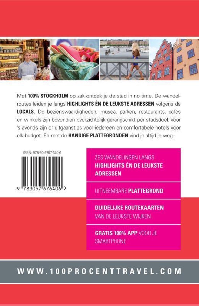 Achterkant van een reisgids '100% Stockholm' met een collage van foto's en tekst. Met 6 wandelingen, plattegrond en gratis app.