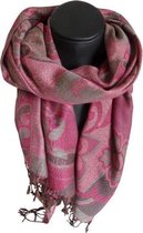 Mooie hippe sjaal van pashmina kleuren paars grijs beige roze bruin met figuren lengte 180 cm breedte 70 cm.