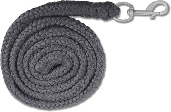 Grijze halstertouw met zilverkleurige haak. Gemaakt van gevlochten materiaal.