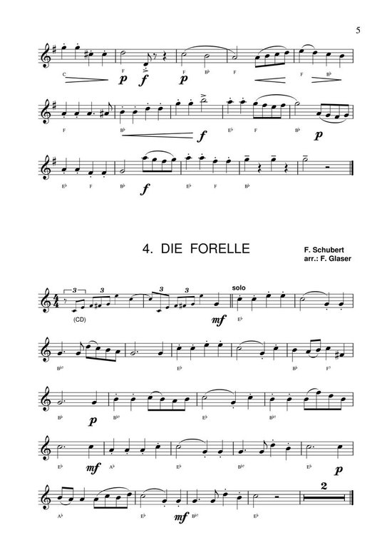 Muziekblad met 4 regels. Titel: 4. DIE FORELLE. F. Schubert arr.: F. Glaser