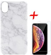 Marmer Hoesje geschikt voor Apple iPhone Xs Max Siliconen TPU Soft Gel Case Wit + Tempered Glass Screenprotector van iCall