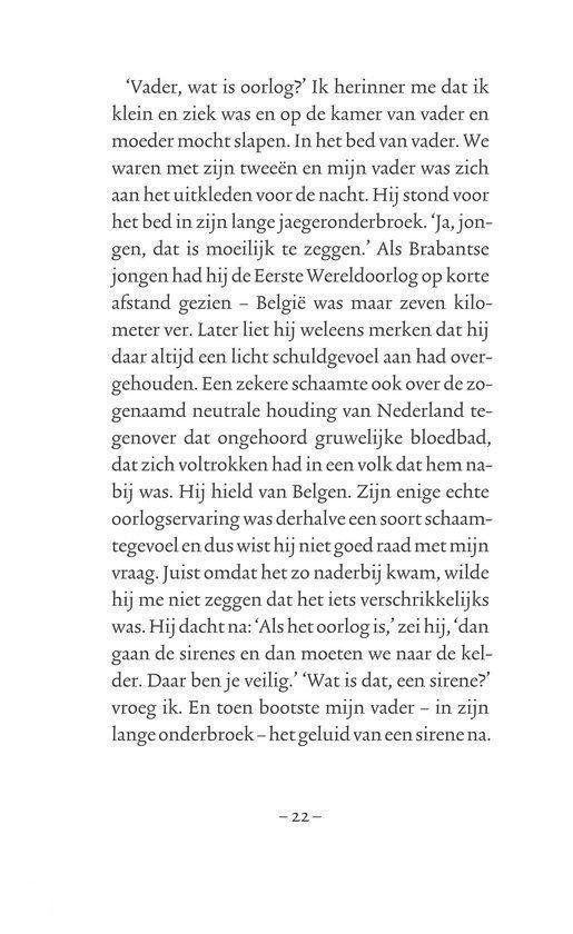 Pagina met tekst over de Eerste Wereldoorlog, de schaamte en de vraag "Vader, wat is oorlog?"