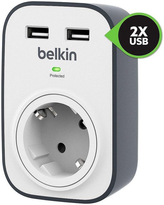 Protecteur de surtension Belkin SurgeCube avec 1 prise de courant et 2 ports  USB