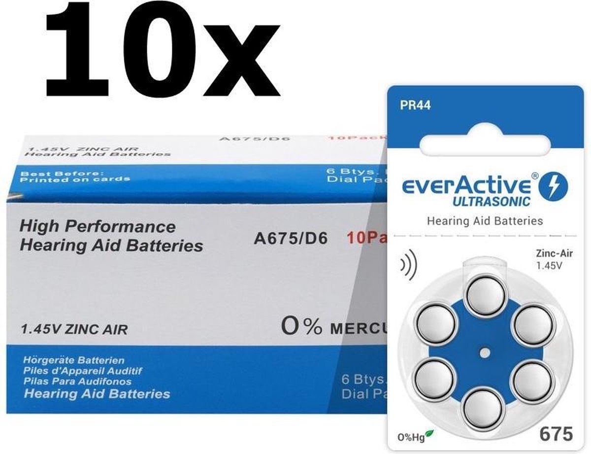 60 Stuks (10 Blister a 5st) everActive ULTRASONIC 675 Gehoorapparaat batterijen