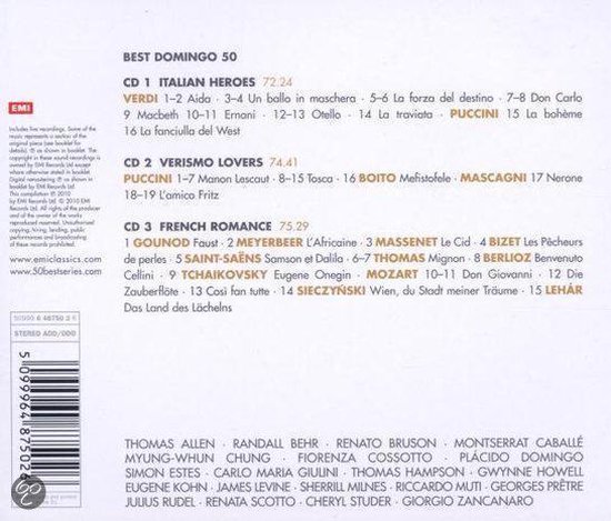 Achterkant van 'BEST DOMINGO 50' 3 CD-set, met tracklistings en artiestenlijst.