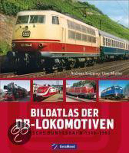 Boekomslag met een crème en rode locomotief op de voorgrond. Vier kleinere afbeeldingen van treinen onderaan.