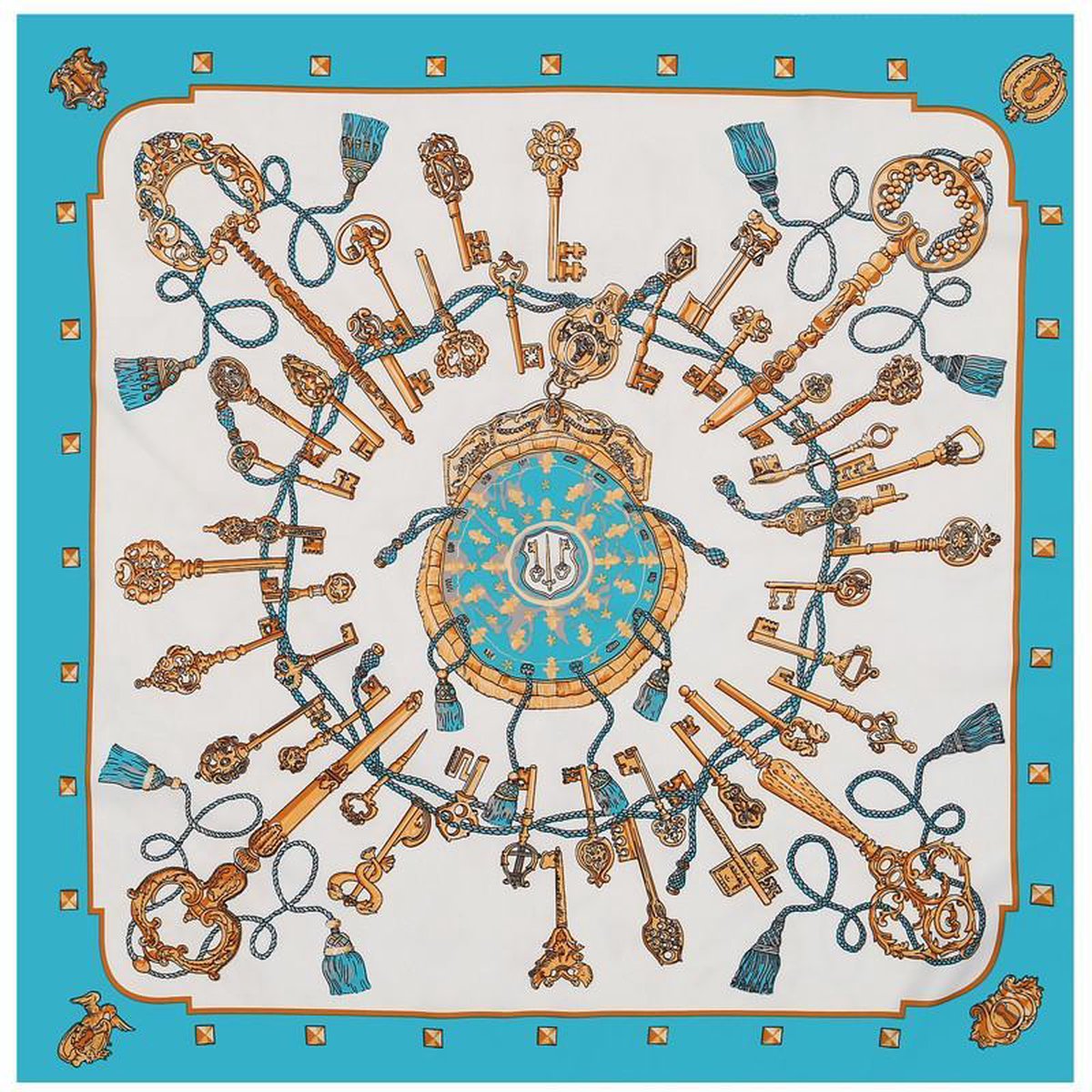 Emilie Scarves Zijden sjaaltje Turkoois wit sleutelprint - 70*70CM