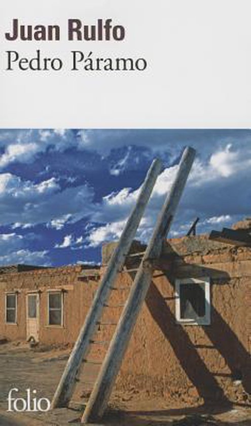Boekcover van Juan Rulfo's 'Pedro Páramo' met een adobe huis en ladders tegen een dramatische hemel.