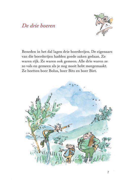 Drie boeren met lange neuzen en puntige hoeden staan in een heuvelachtig landschap. "De drie boeren".