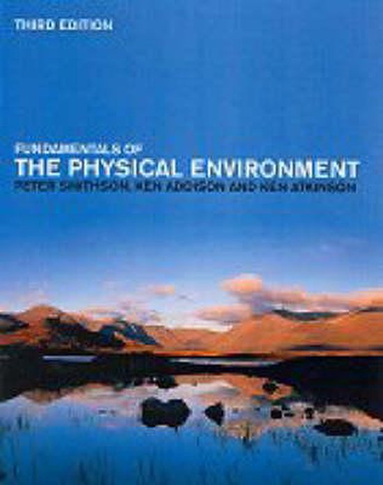Boekomslag 'Fundamentals of the Physical Environment' met een berglandschap en reflectie in het water.