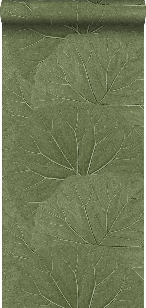 ESTAhome 138995 Vliesbehang Grote Bladeren - 53 x 1005 cm - Vergrijsd/Olijfgroen