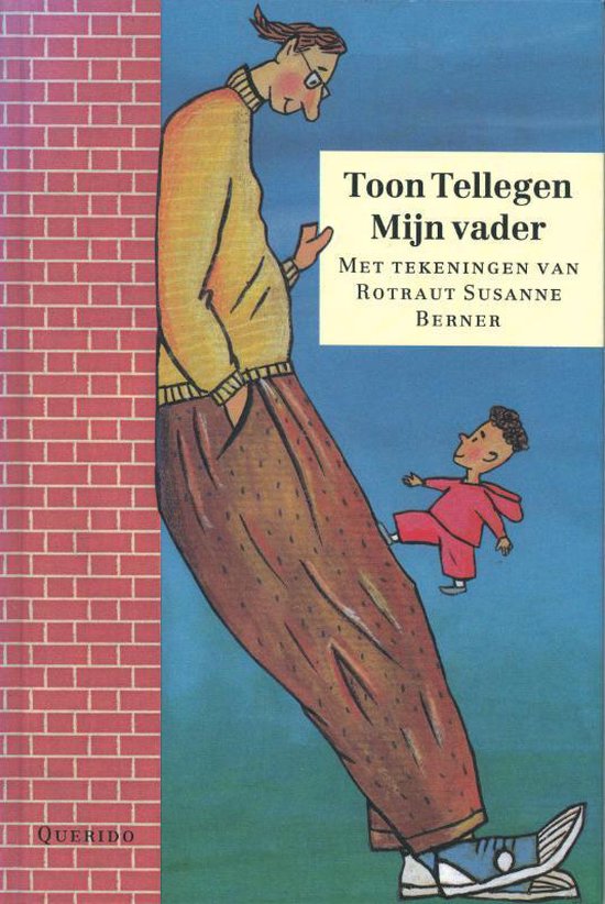 Een man met bril en gele trui kijkt neer op een jongetje in rode kleding. De titel "Mijn vader" staat op het boek.