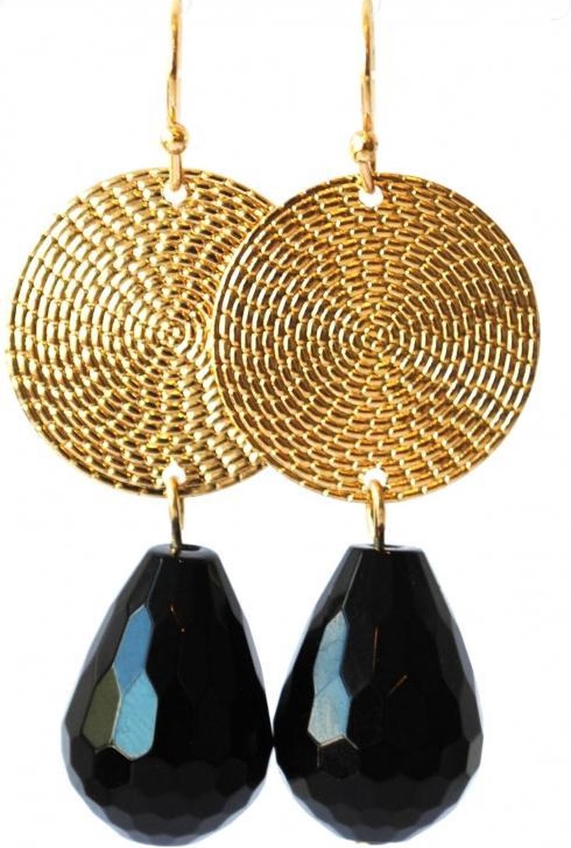 Oorbellen met Onyx en goldplated hanger, 4 cm lang