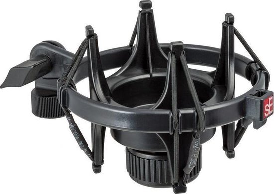 Zwarte schokdemper voor microfoon met elastische ophanging.