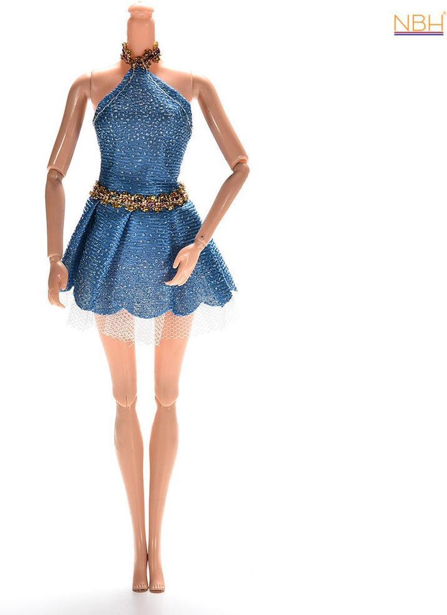 Kort blauw jurkje met zilver, en goud kleurige details voor Barbie - Merkloos