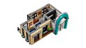 LEGO gebouw met een jukebox, bureau, en een slaapkamer met rood bed.