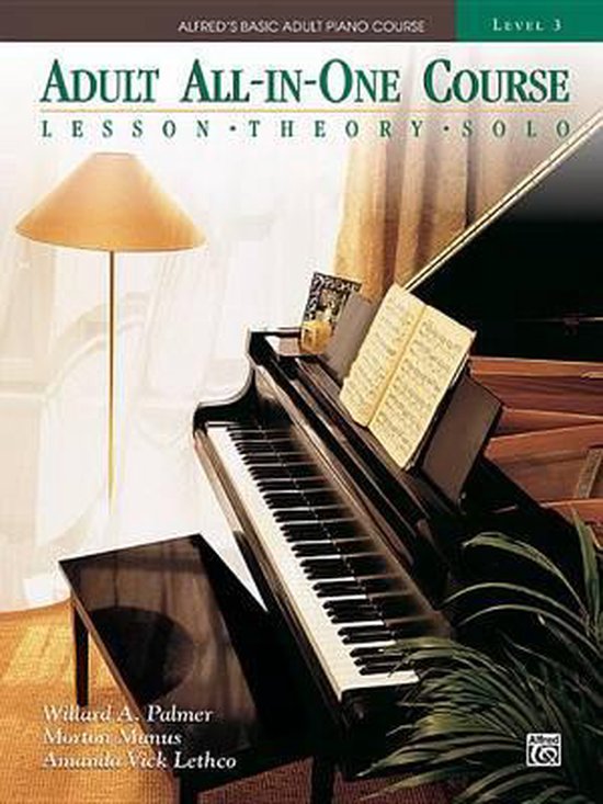 Boek "Adult All-In-One Course, Level 3" voor piano met bladmuziek, piano en lamp.