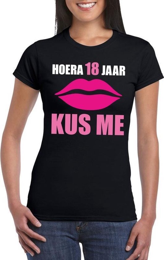 Hoera 18 jaar kus me t-shirt zwart dames XL | bol.com