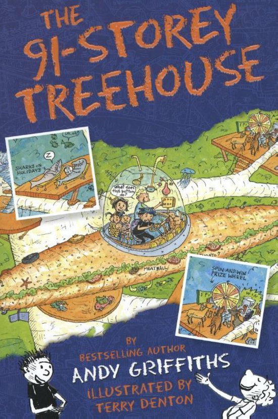 Boekomslag met de titel 'The 91-Storey Treehouse' in oranje letters, met illustraties van een reuzensandwich en een ruimteschip.
