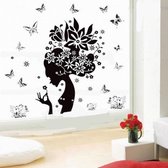 Mooie Muursticker Vrouw Gezicht Silhouet Vlinders en Bloemen – design sticker zwart decoratie
