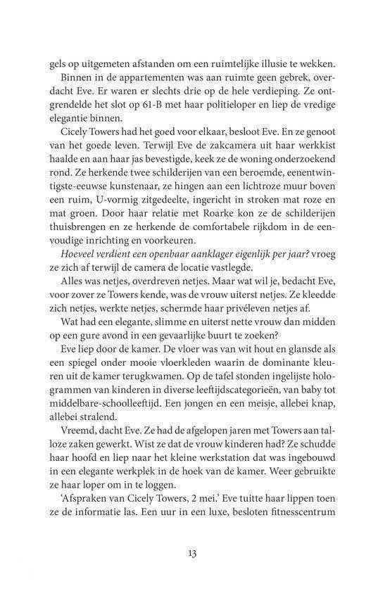 Page avec texte sur les appartements du suspect, Eve Dallas, et le meurtre de Cicely Towers.