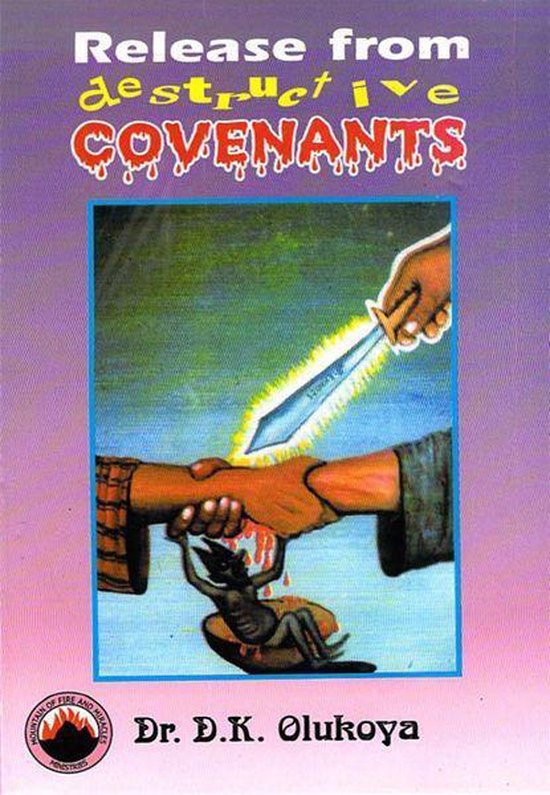 Boek 'Release from Destructive Covenants' met een afbeelding van twee handen die elkaar een bloedende hand schudden, terwijl een demon onder hen wordt vastgehouden.
