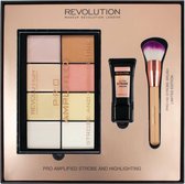 Makeup Revolution Amplified Strobe & Highlighting Set - Highlighter Palette, Strobe Cream & Brush
