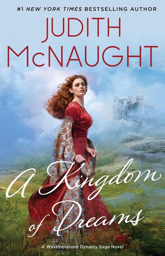 Boekcover met een vrouw in een rode jurk, met de titel 'A Kingdom of Dreams' door Judith McNaught.