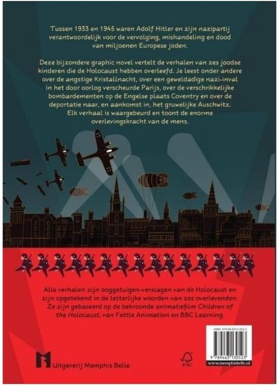 Boekcover achterkant: bombardementen, vliegtuigen, soldaten en tekst over de Holocaust, geschreven door ooggetuigen.