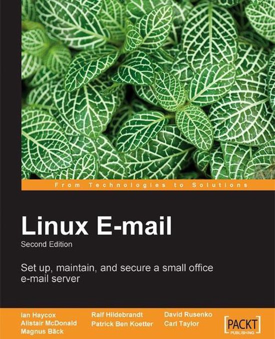 Boek Linux E-mail, tweede editie, met een close-up van groene bladeren met witte nerven op de cover.