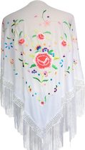 Spaanse manton  - omslagdoek - wit met gekleurde bloemen bij verkleedkleding of flamenco jurk