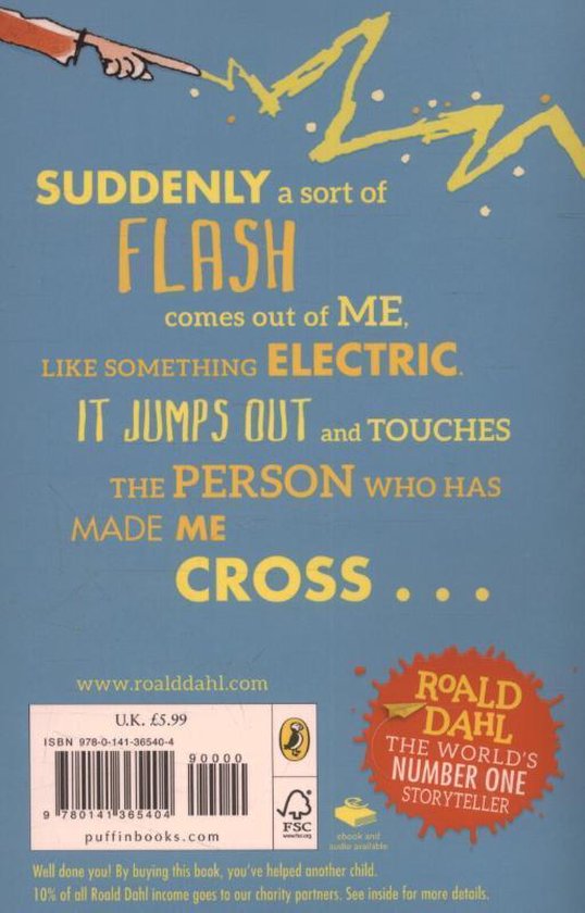 Boekomslag met tekst 'SUDDENLY a sort of FLASH comes out of ME, LIKE SOMETHING ELECTRIC. IT JUMPS OUT and TOUCHES THE PERSON WHO HAS MADE ME CROSS ...'