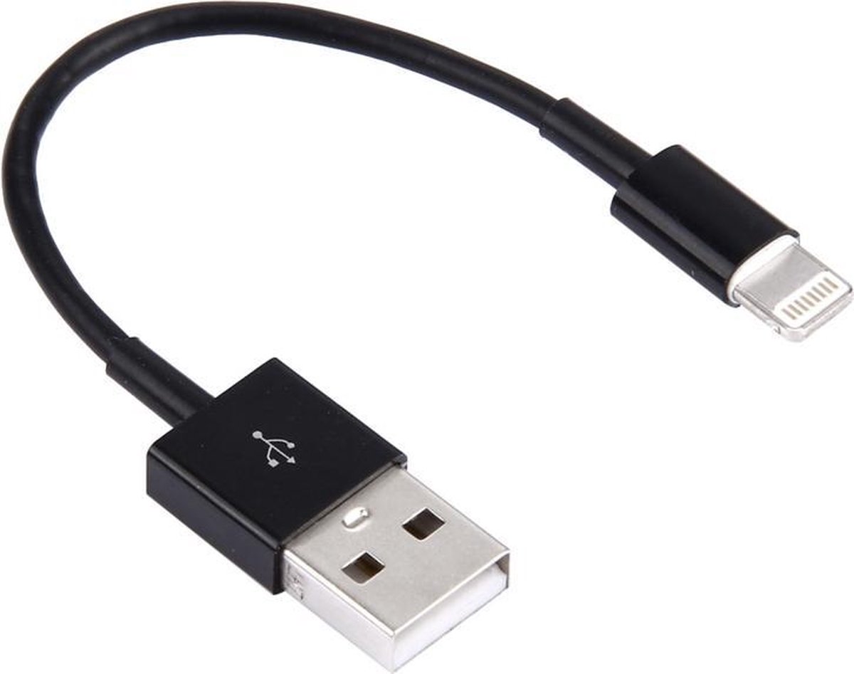 Oplader en Data USB Kabel voor iPad iPhone iPod 10cm.  Zwart - Merkloos