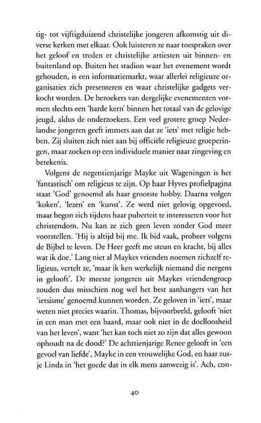 Tekstpagina met een citaat over geloof en religie van Mayke.
