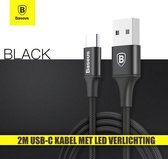 Baseus Oplaadkabel Geschikt Voor 2A USB-C Apparaten Met LED Verlichtingc - 2 Meter - Zwart