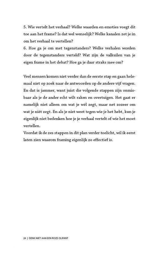 Pagina 24 met tekst: 'Denk niet aan een roze olifant'. Vragen over verhaal, tegenstanders en framing.
