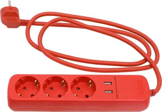 Rode stekkerdoos met 3 stopcontacten en 2 USB-poorten. De kabel is 1.4 meter lang.